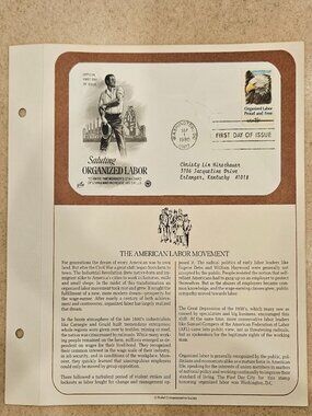 RARE COLLECTIBLE USPS 1ST DAY ISSUE ORGANIZED AMERICAN LABOR MOVEMENT STAMP FDC